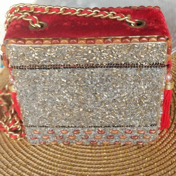 Mary Frances Red Velvet and Beaded Christmas Stockings Hard Shell Purse